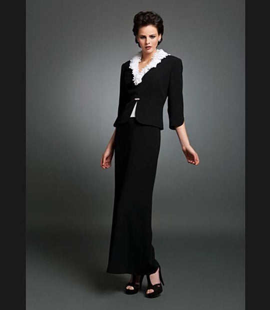 Daymor Couture - Ruffled V-neck Dress with Blazer 207 in Black and White