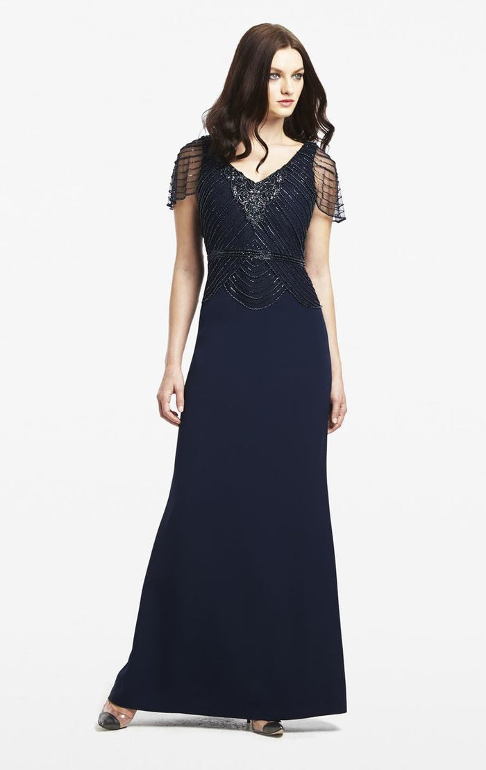 Daymor Couture - Beaded V Neck Short Sleeves Long Dress 151 in Blue