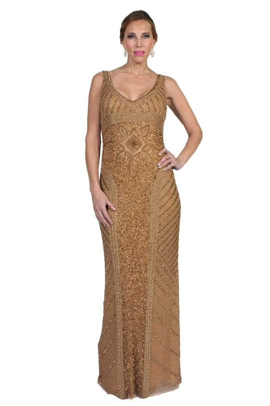 Theia - 881772 Shining Gilded Mesh Long Dress in Gold