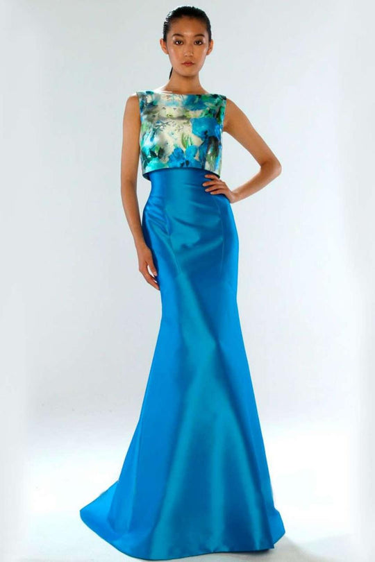 Theia - 882334 Floral Printed Pop Over Mikado Evening Dress in Blue