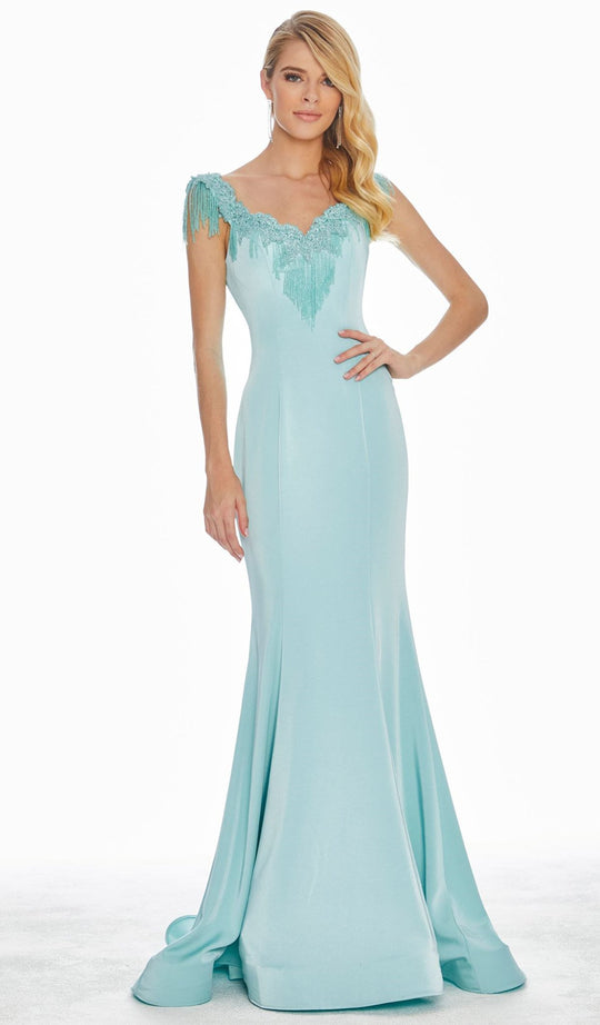 Ashley Lauren - 1522 Beaded Fringe Appliqued Mermaid Gown In Blue