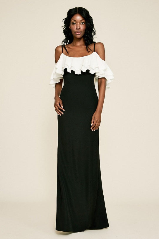 Tadashi Shoji - Two Tone Ruffled Scoop Sheath Dress In Black and White