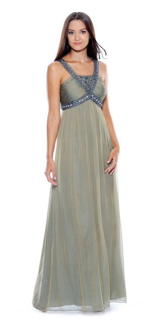 Decode 1.8 - 180467 Metallic Studded Silk Chiffon A-Line Gown in Green