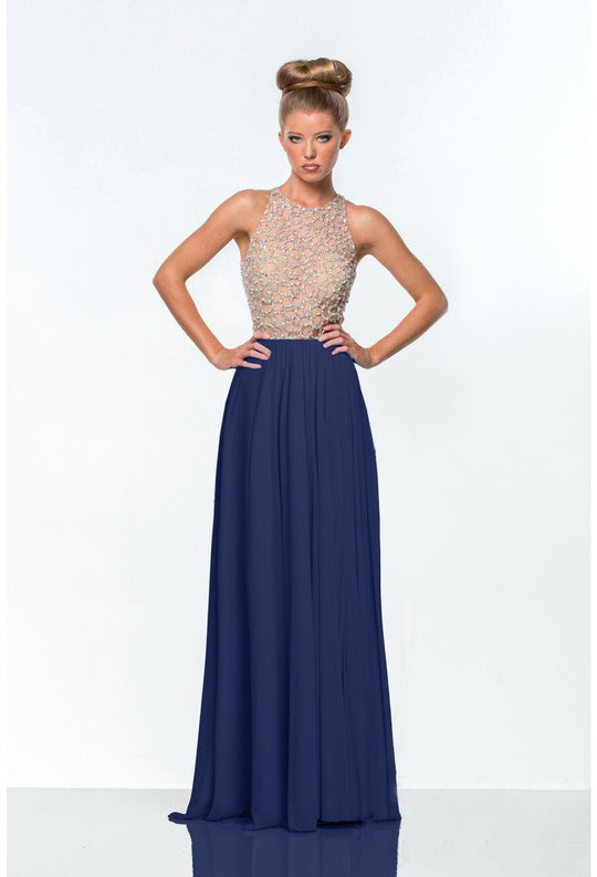 Terani Couture - DL321 Illusion Jewel Beaded Bodice A-Line Gown In Blue