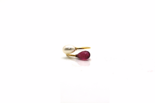 Pink Tourmaline & Pearl Ring in 18k YG