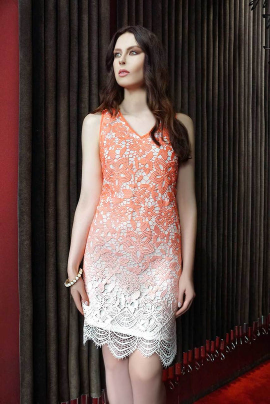 Jolibel - 117013 V Neck Lace Sheath Dress in Orange
