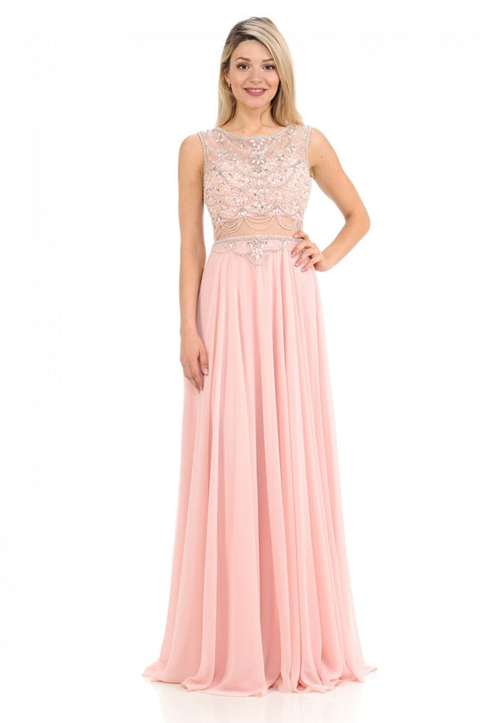 Lenovia - 8121 Crystal Beaded Illusion Bateau Chiffon A-line Dress In Pink