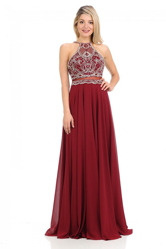 Lenovia - 8122 Crystal Beaded Halter Chiffon A-line Dress In Red
