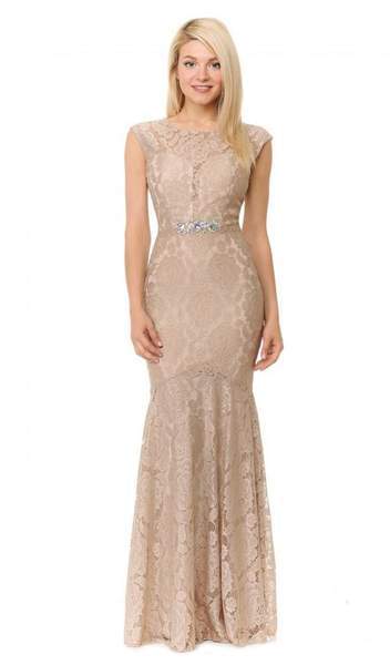 Lenovia - Lace Cap Sleeve Jewel Neck Mermaid Dress 5199 In Neutral