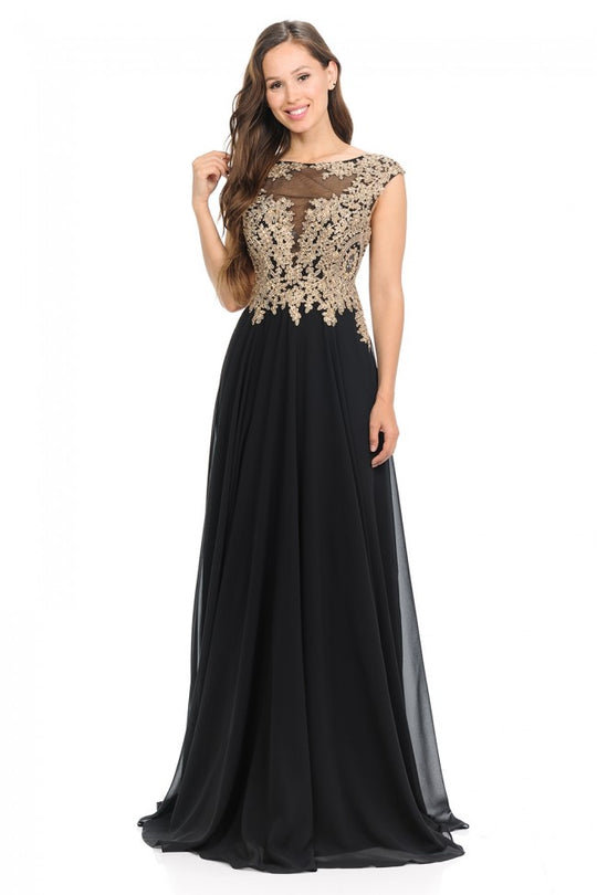 Lenovia - 8123 Cap Sleeve Applique Embroidered Chiffon Long Gown In Black