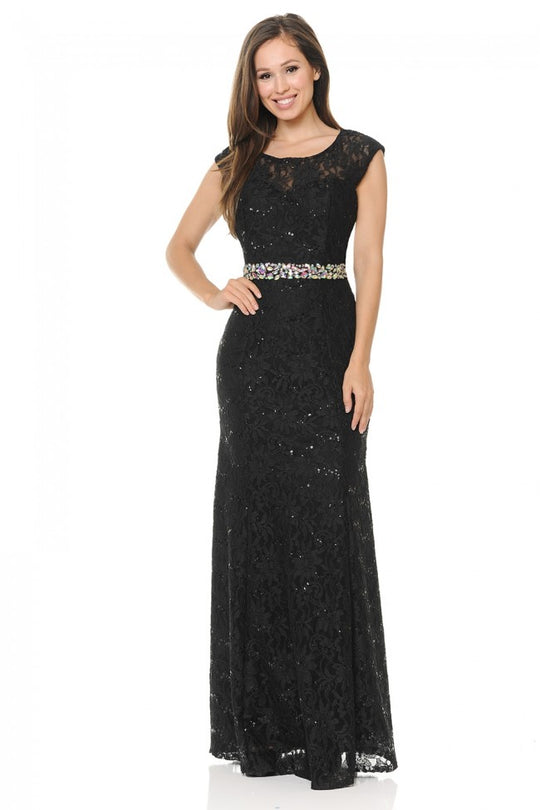 Lenovia - 5131 Floral Lace Cap Sleeves Evening Dress In Black