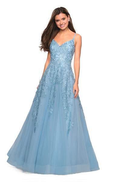 La Femme - 27819 Floral Embroidered V-Neck A-Line Gown In Blue