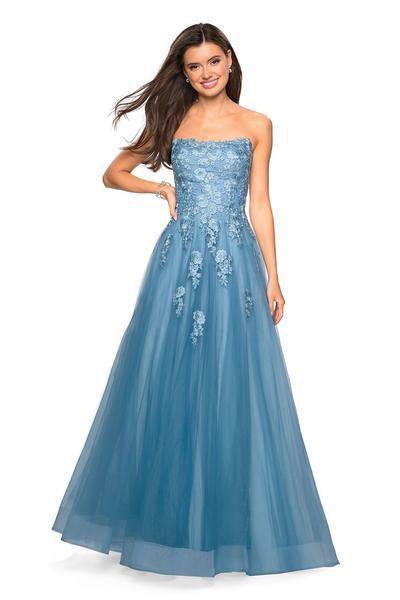 La Femme - 27330 Floral Applique Strapless Tulle Ballgown In Blue