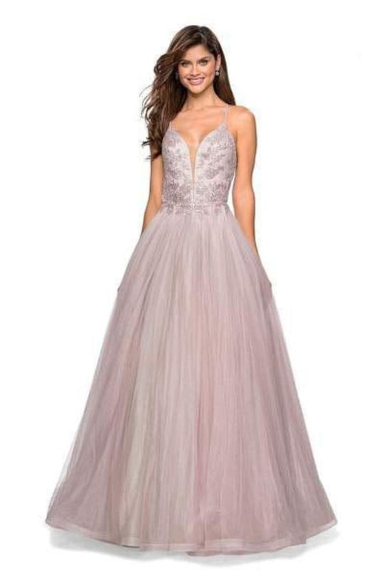La Femme - 27475 Lace Applique Deep V-neck Tulle Ballgown In Purple