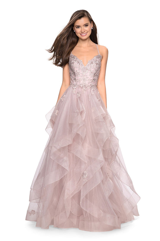 La Femme - Lace Embellished V-Neck Ruffled Dress 27579 - 1 pc Dusty Mauve In Size 2 Available