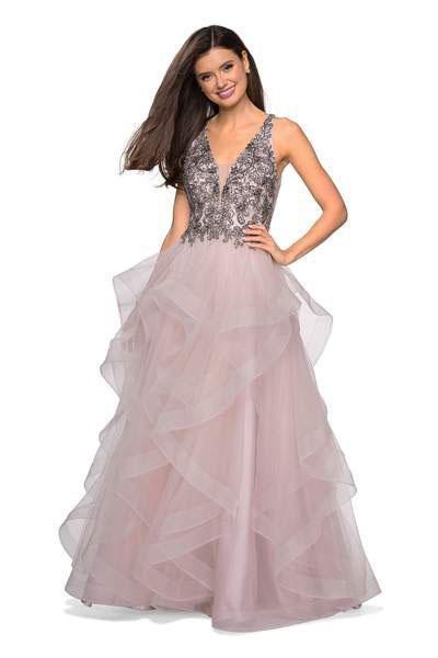 La Femme Gigi - 27649 Beaded Plunging V-Neck Tiered Gown In Pink