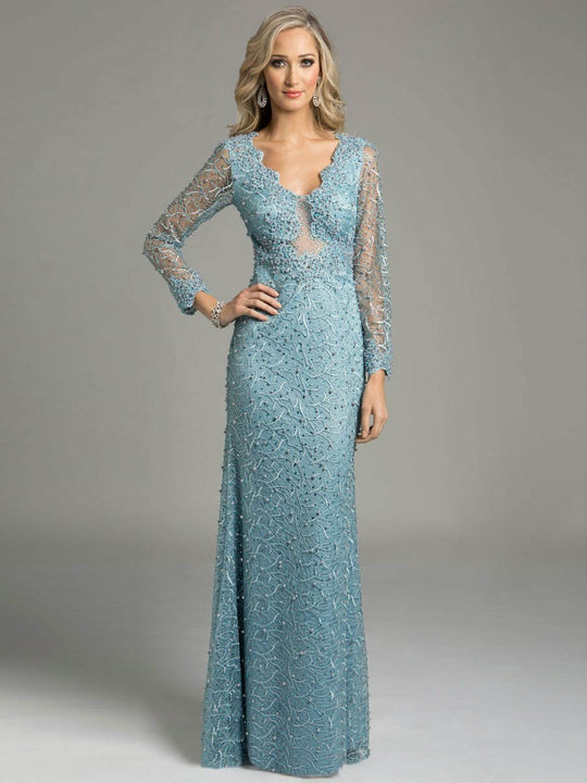 Lara Dresses - Lovely Dusty Blue Long Sleeve Gown with Scalloped Neckline 33242, Blue