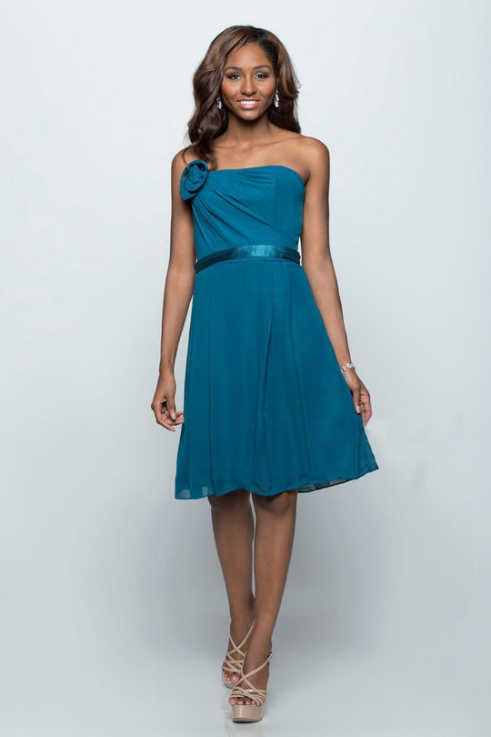 Milano Formals - Floral Accented Strapless A-Line Dress in Blue and Green