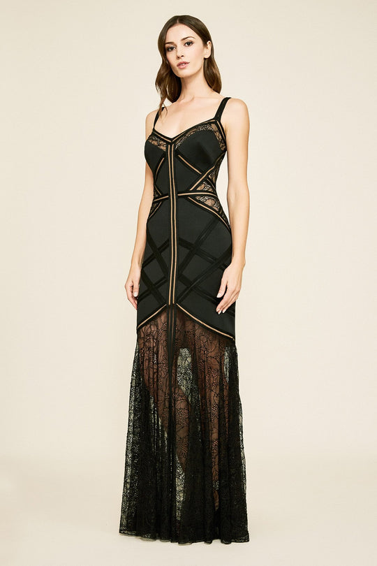 Tadashi Shoji - Illusion Lace Banded Bustier Long Gown In Black and Neutral