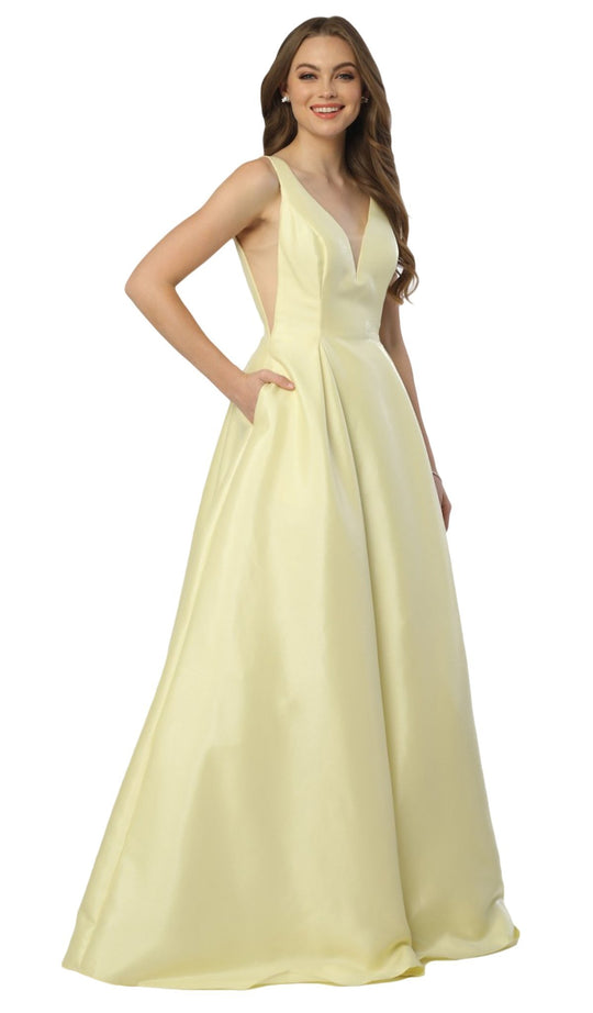 Nox Anabel - E156 Sleeveless Illusion Panel V Neck A-Line Gown In Yellow