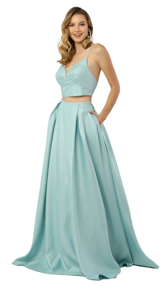 Nox Anabel - E161 Sleeveless Sweetheart Crop top Two-Piece A-Line Gown In Blue and Green