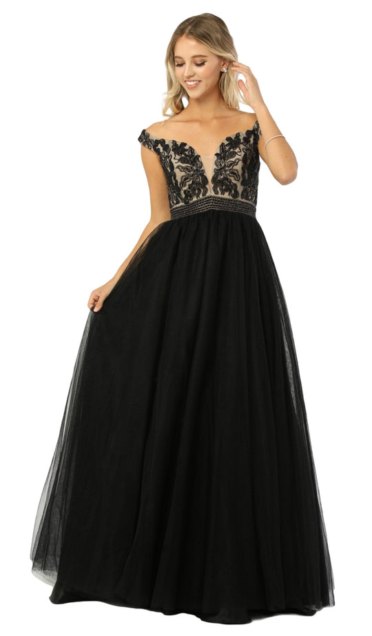 Nox Anabel - E166 Beaded Deep Off-Shoulder Ballgown In Black