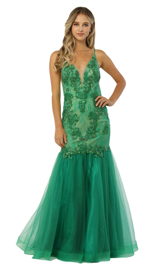 Nox Anabel - E185 Sleeveless V Neck Beaded Lace Tulle Mermaid Gown In Green