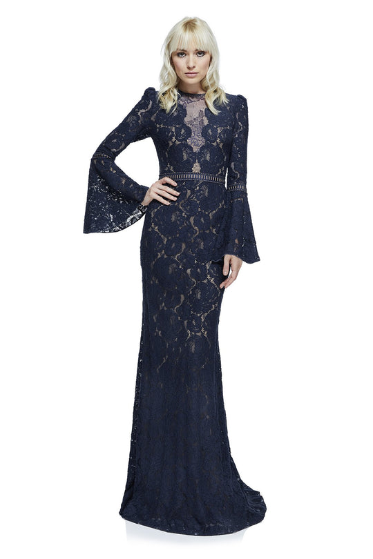 Tadashi Shoji - Floral Lace Long Sleeves Sheath Dress In Blue and Neutral