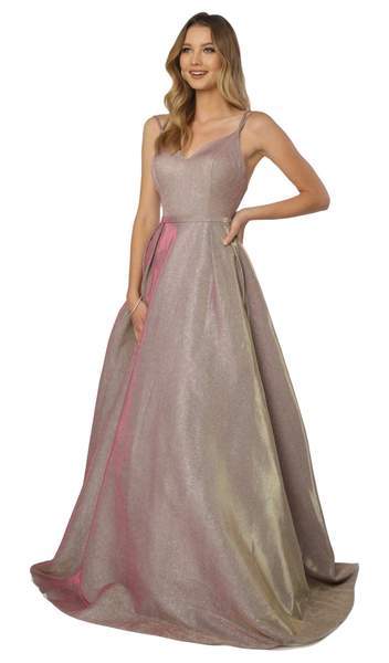 Nox Anabel - Sleeveless V-neck Pleated Ballgown E228 In Pink and Gold