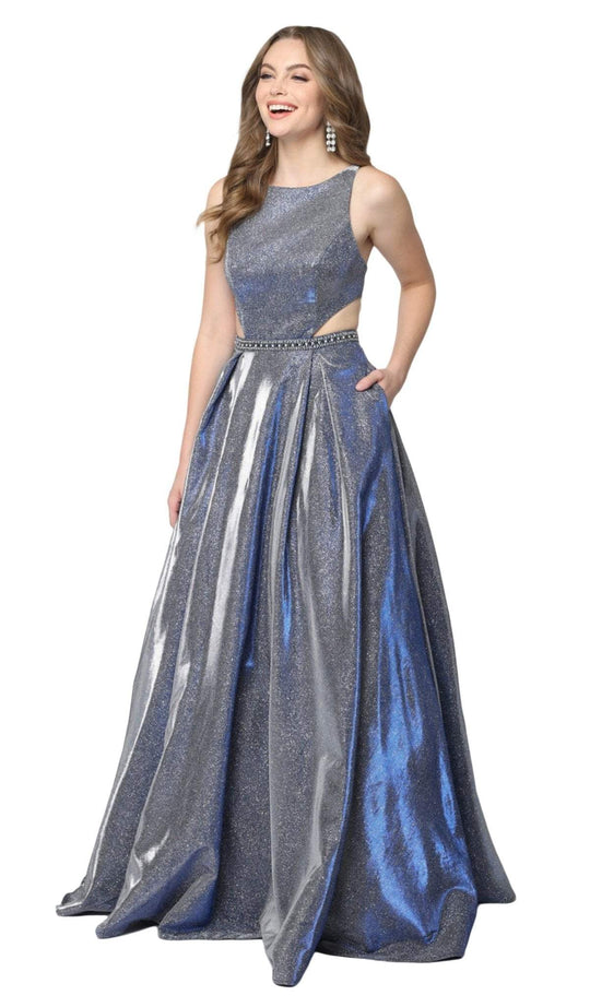 Nox Anabel - E245 Sleeveless Midriff Cutout Metallic Ballgown In Blue