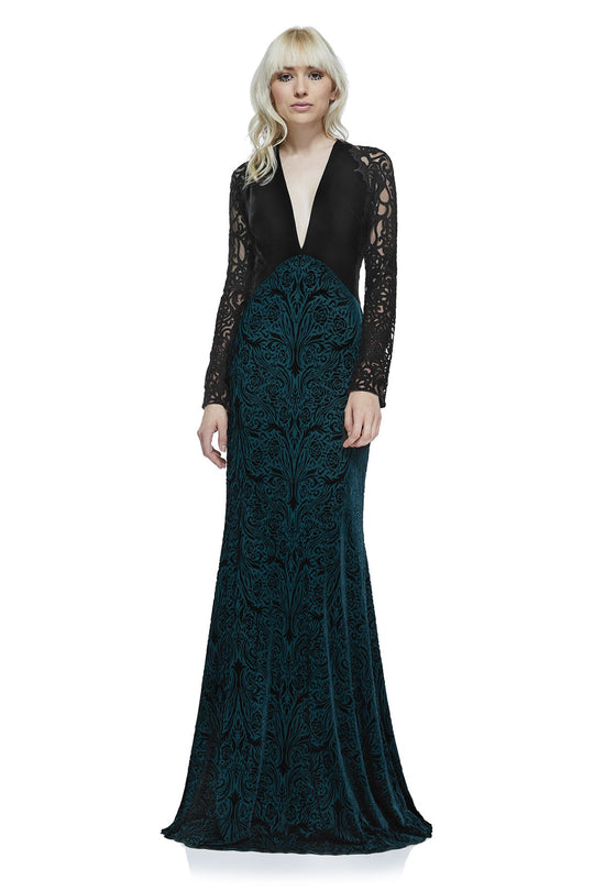 Tadashi Shoji - Plunging V Neck Long Sleeves Dress In Green and Black
