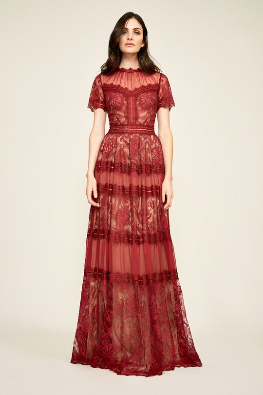 Tadashi Shoji - Lace Gathered Jewel A-Line Dress In Red and Neutral