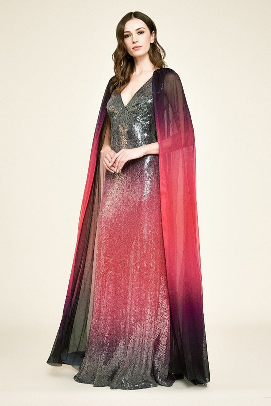 Tadashi Shoji - Ombre Sequined V-Neck Long Gown with Cape In Pink and Black