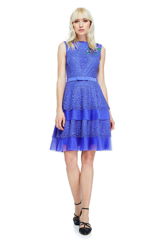 Tadashi Shoji - Rosette Applique Tiered A-Line Dress In Purple