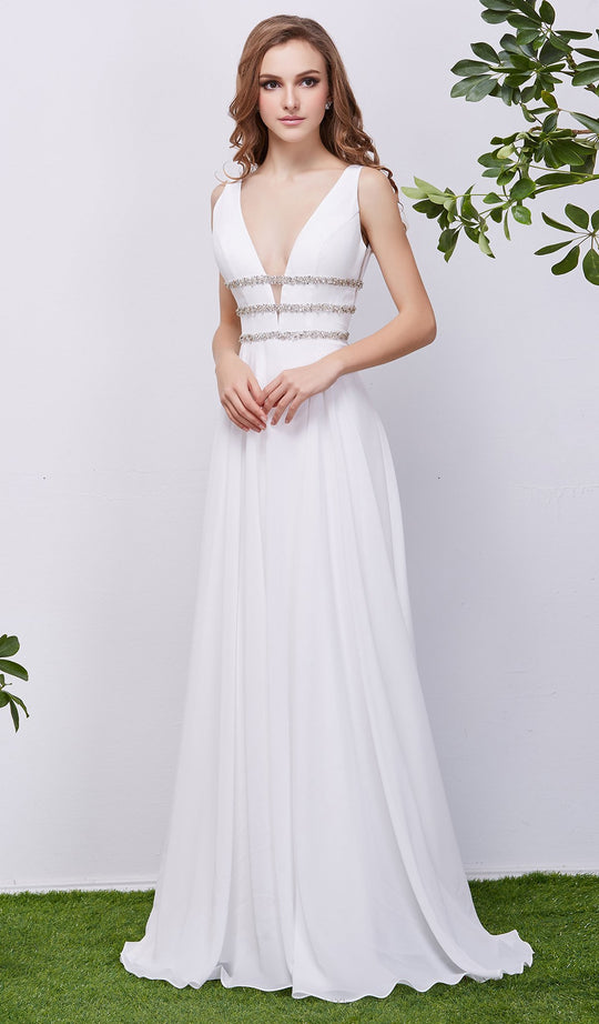 Jadore - J13068 Plunging V-Neck Embellished Waist Gown In White