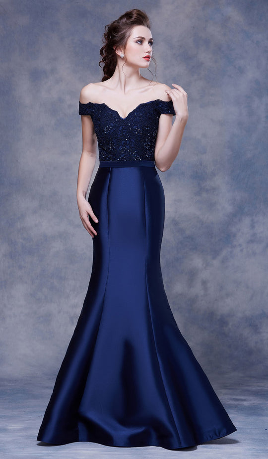 Jadore - J13058 Beaded Off-Shoulder Trumpet Gown In Blue