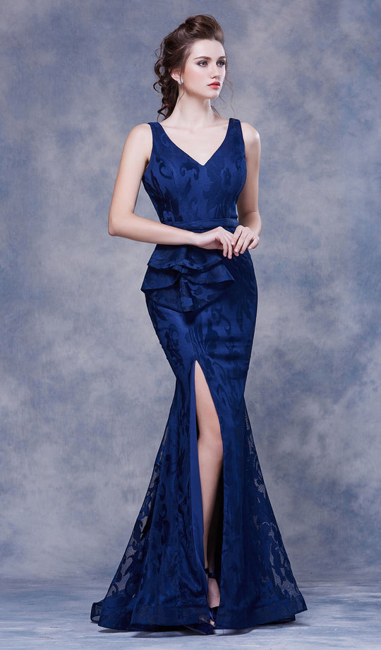 Jadore - J13061 Lace V-Neck Ruffled Gown with Slit In Blue