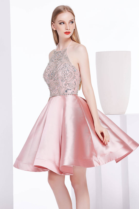 Jadore - J14087 Crystal Embellished Halter Dress In Pink