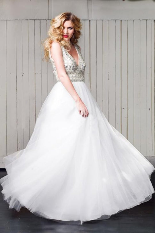 Jadore - J4064T Embellished Plunging V-neck Tulle A-line Dress In White