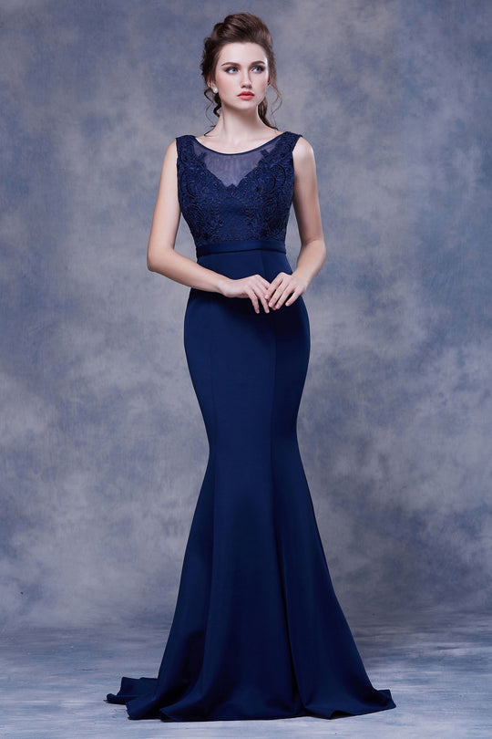 Jadore - J13075 Lace Embellished Illusion Scoop Trumpet Dress In Blue