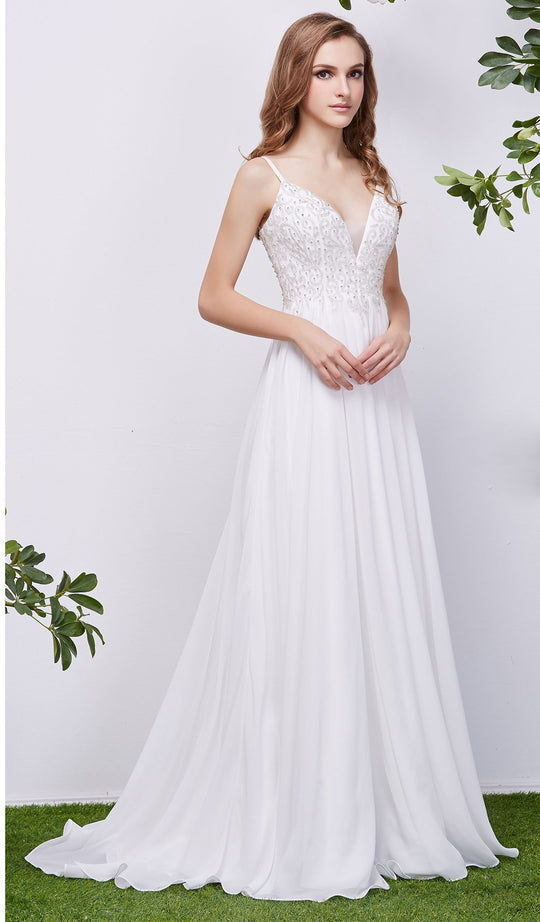 Jadore - J13059 Beaded Plunging V-Neck A-Line Dress In White