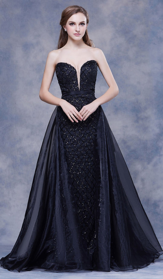 Jadore - J13057 Plunging Sweetheart Mermaid Gown with Overskirt In Black