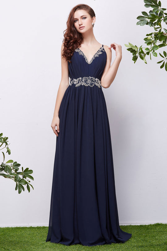 Jadore - J13072 Ruched Beaded V-Neck A-Line Dress In Blue