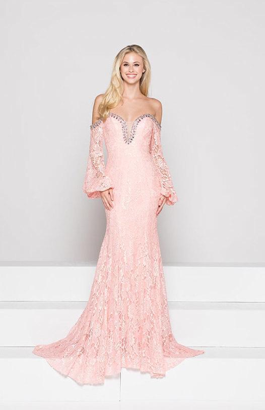 Colors Dress - 1854 Long Bishop Sleeve Off Shoulder Lace Gown I Pink