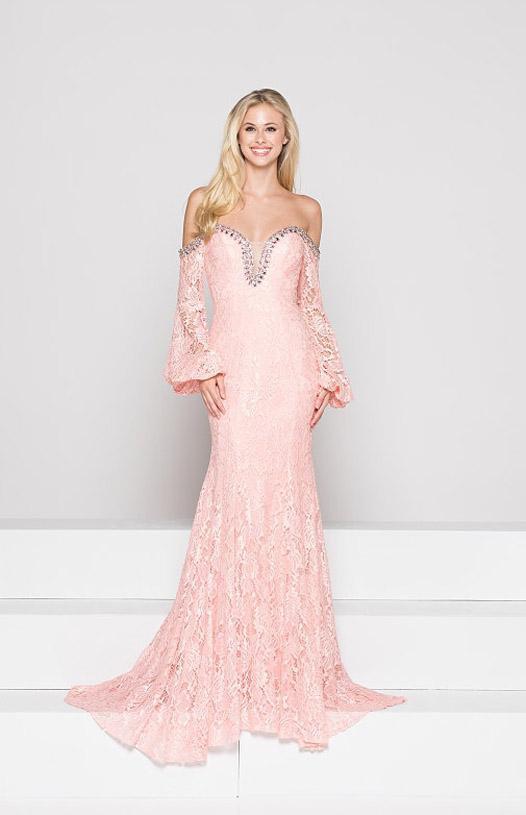 Colors Dress - 1854 Bishop Sleeve Off-Shoulder Lace Gown In Pink