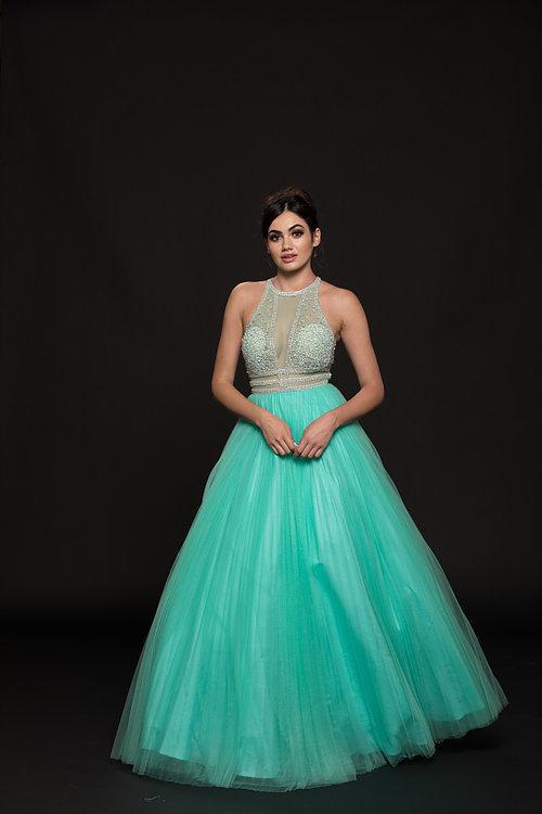 Colors Dress - 1832 Embellished Illusion Halter Ballgown in Green