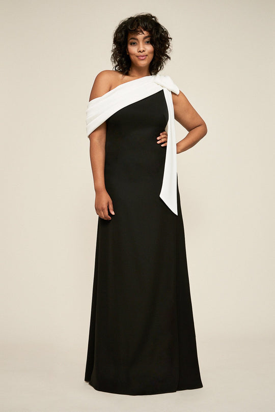 Tadashi Shoji - Bow-Ornate Draped Sleeve Long Gown In Black and White