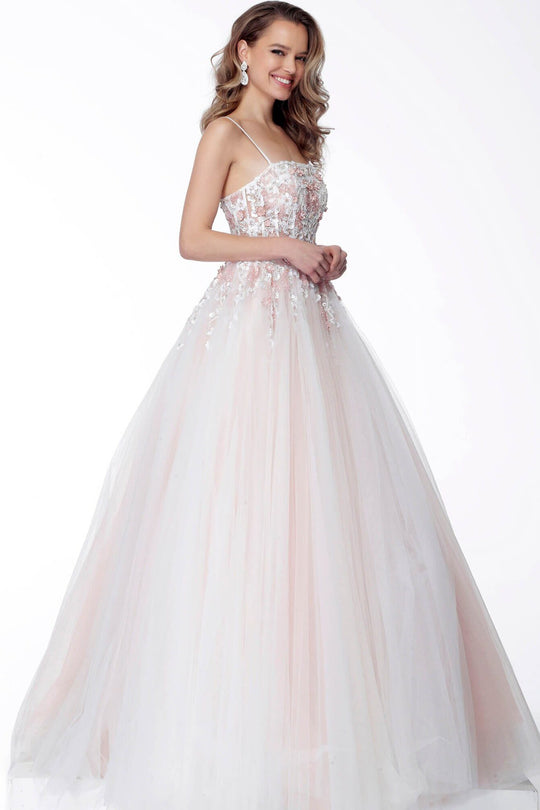 Jovani - 66725 Straight Across Beaded Tulle Ball Gown In Pink and White