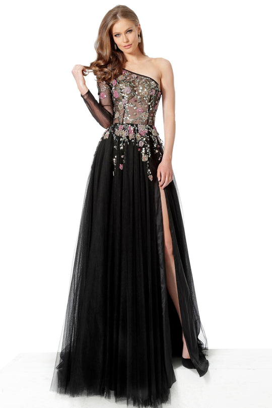 Jovani - 66344 Asymmetric Sequined A-line Dress In Black and Mullti