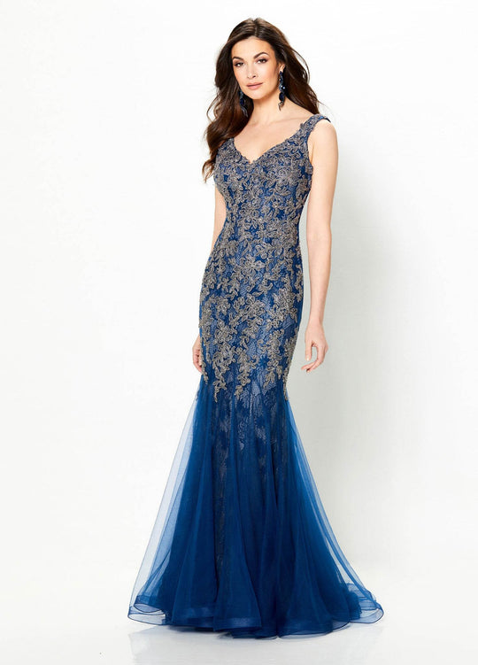 Montage by Mon Cheri - 219990 Beaded Lace V-neck Mermaid Gown In Blue and Gray